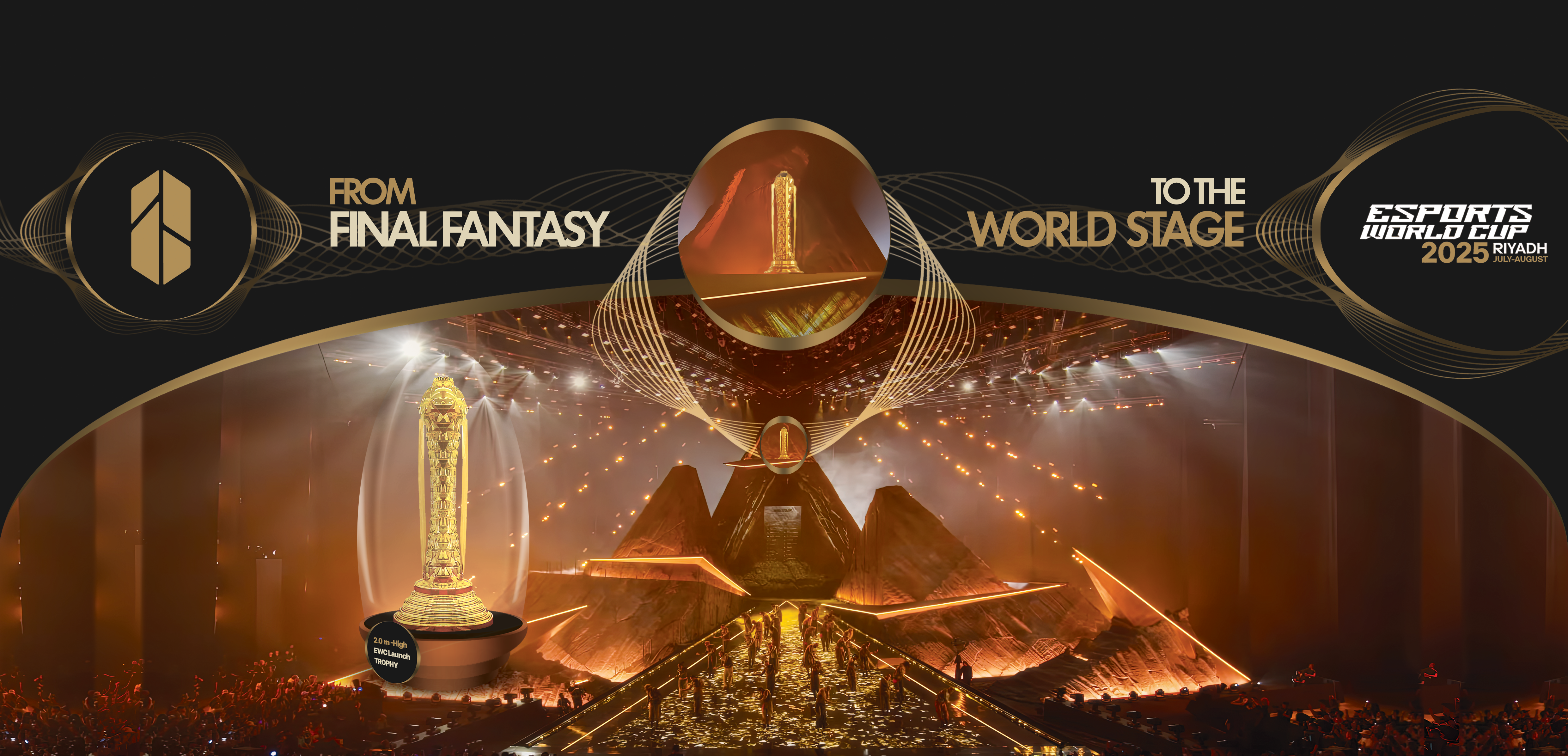 The Monolith's two-metre chrome-gold trophy on the Esports World Cup 2025 world stage in Riyadh