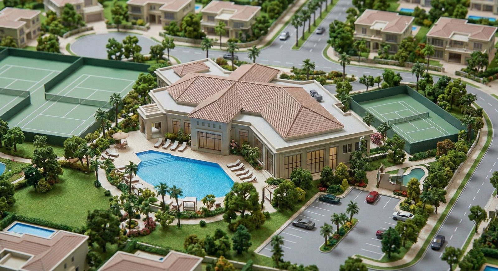 Architectural scale model of a luxury residential clubhouse in Abu Dhabi with swimming pool, tennis courts and detailed landscaping