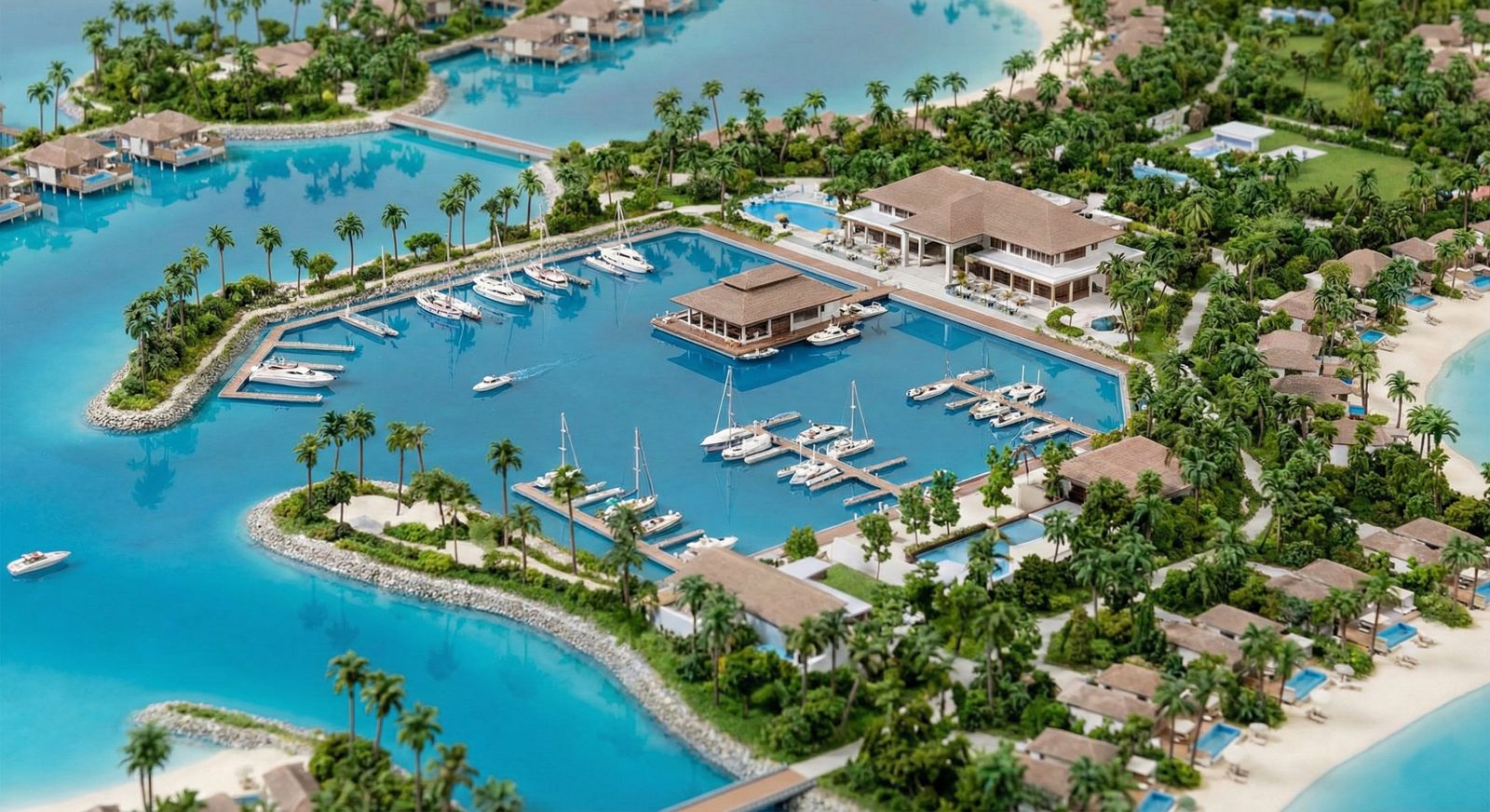 Architectural masterplan scale model of a waterfront resort and marina in India with overwater villas, yachts and landscaped grounds